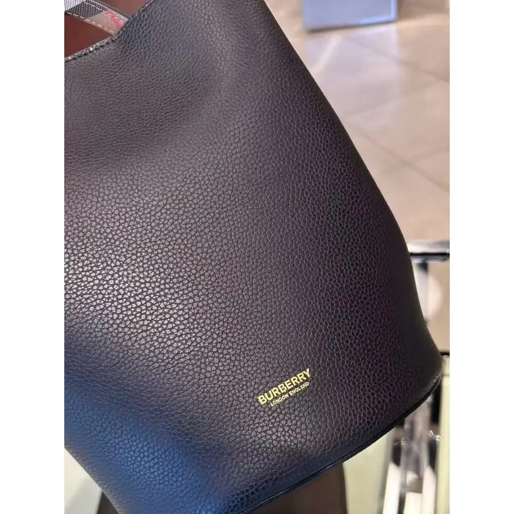 sale ends 9/12 Burberry Black Leather Bucket Bag with Check Strap